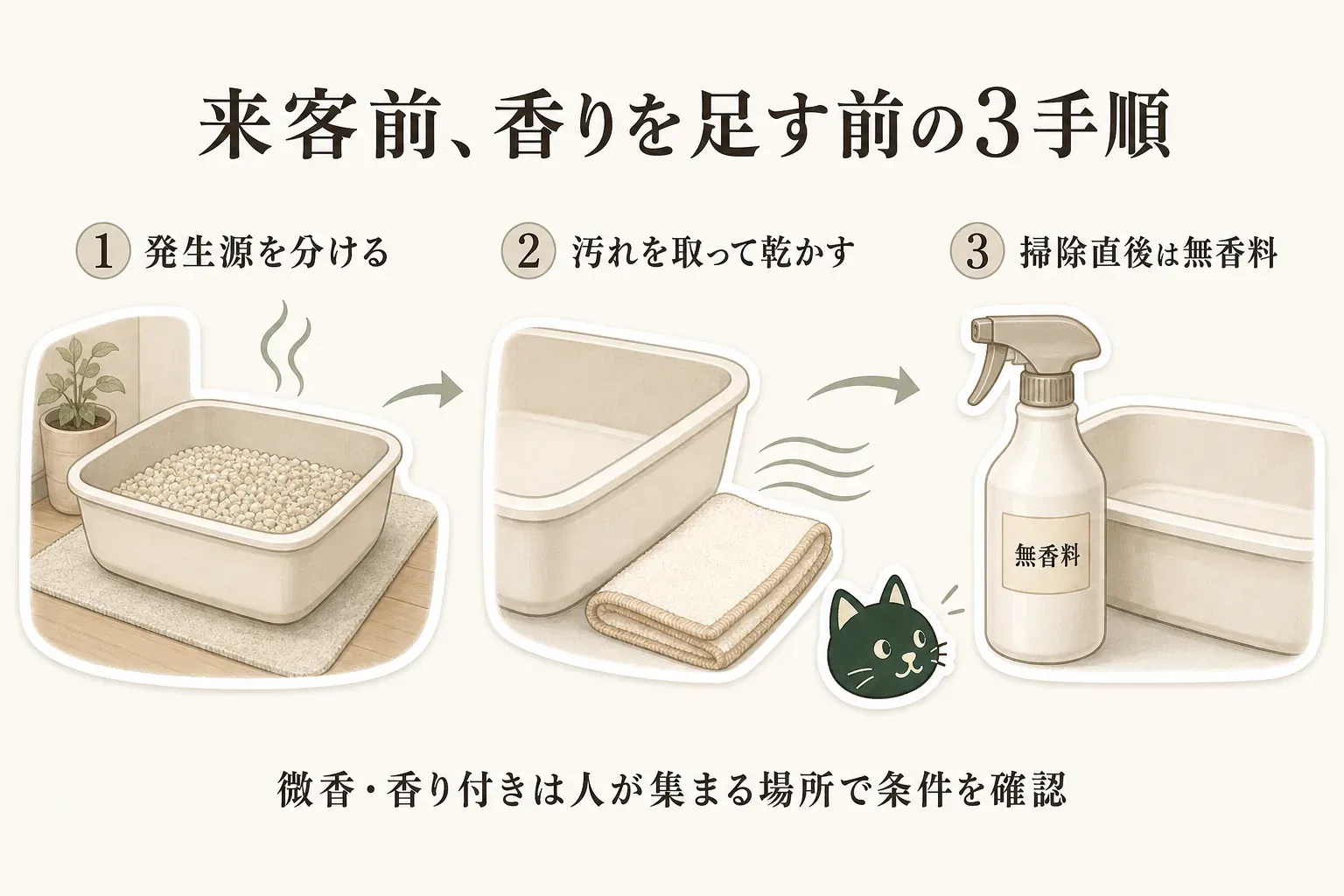 来客前に香りを足す前の3手順を示す図。ペットトイレなどのにおいの発生源を分け、汚れを取り除いて乾かし、掃除直後は無香料のスプレーを使う流れと、微香・香り付きは人が集まる場所で条件を確認することを描いている。