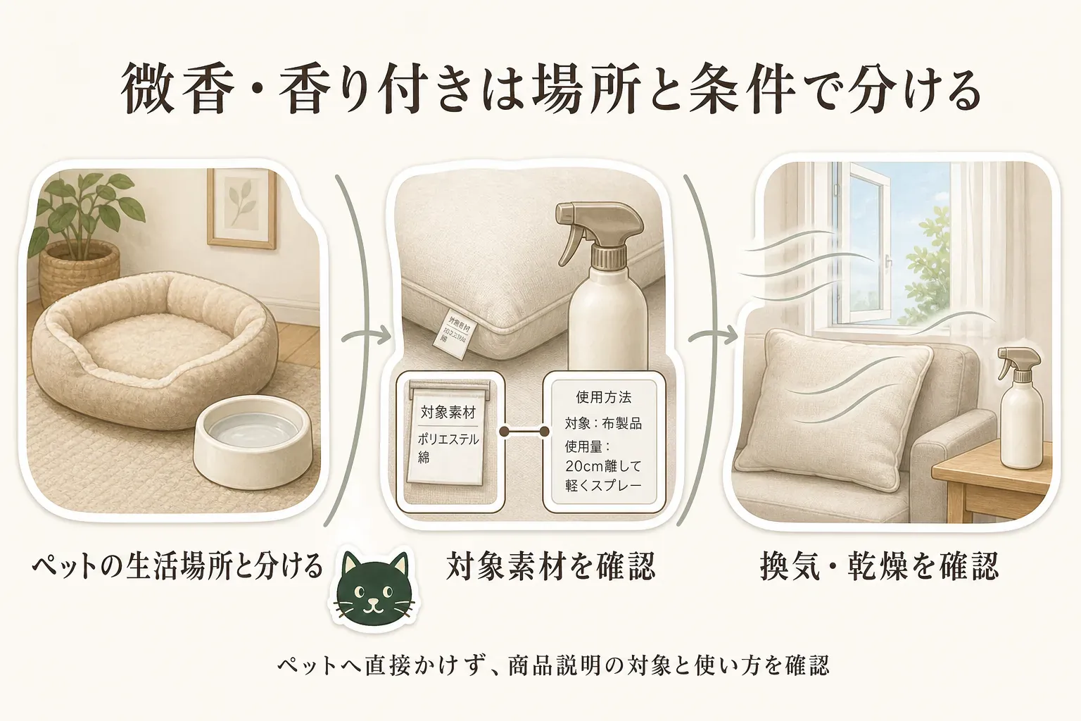 微香・香り付きのペット用消臭スプレーを使う場所と条件を確認する図。ペットベッドや水入れのある生活場所とは分け、布製品など対象素材と使用方法を確認し、来客用のソファがある空間では換気と乾燥を確かめる流れ、ペットへ直接かけず商品説明の対象と使い方を確認することを描いている。