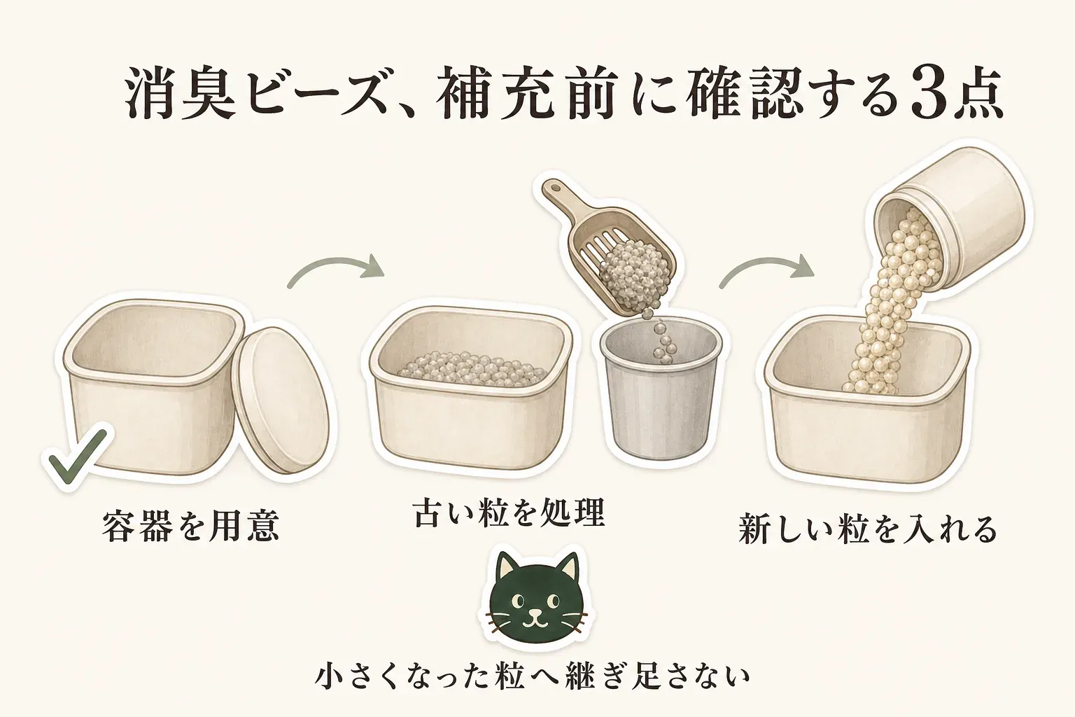 猫用消臭ビーズとスプレーの補充前に確認する項目を示す図。置き型ビーズは本体容器の有無と大容量品の保管場所、猫砂用ビーズはまく量と追加時期、スプレーはボトル・詰め替え・使用期限・保管方法を確認し、古いビーズを捨ててから入れ替える流れを描いている。