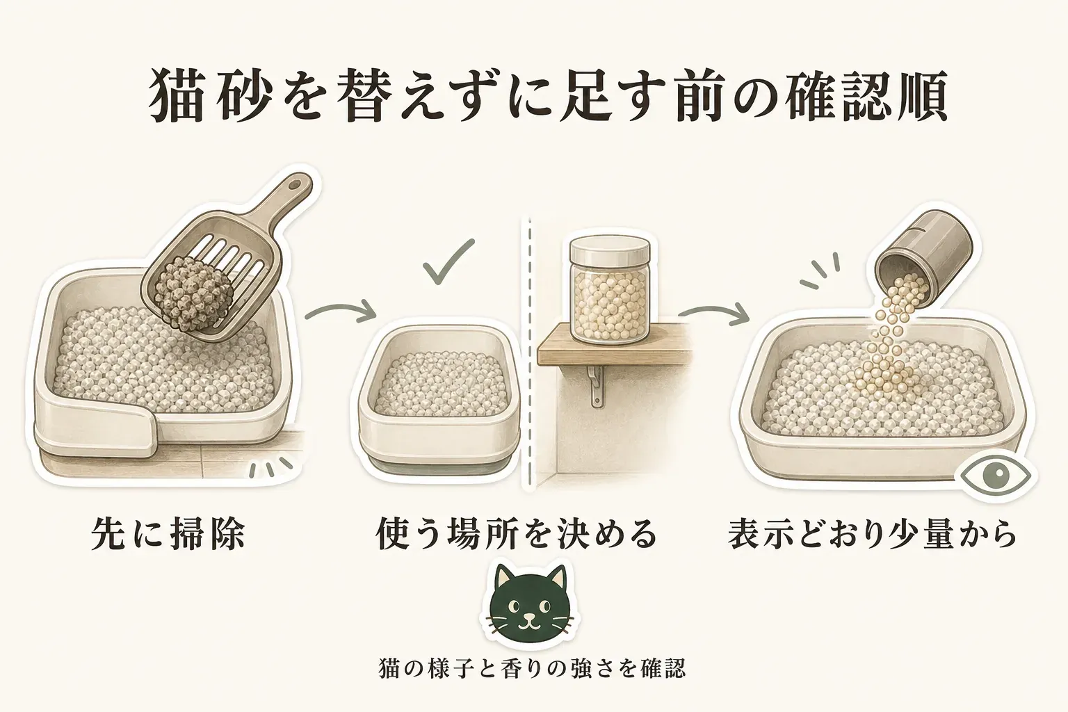 猫砂を替えずに新しい消臭剤を初めて試す手順を示す図。猫砂や便を取り除きにおいの場所を確認した後、猫砂用・置き型・スプレーから対象場所に合うものを選び、無香料を少量・狭い範囲から試して猫の様子を確認し、表示どおりに補充・処理する流れを描いている。