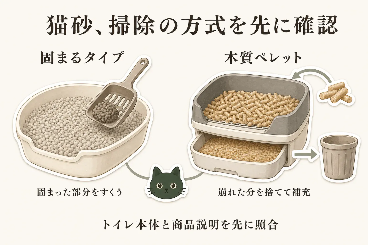 猫砂の掃除方法を比較した図。固まるタイプは固まった部分をスコップですくい、木質ペレットはシステムトイレで崩れた分を捨てて補充する流れと、トイレ本体と商品説明を照合することを示している。
