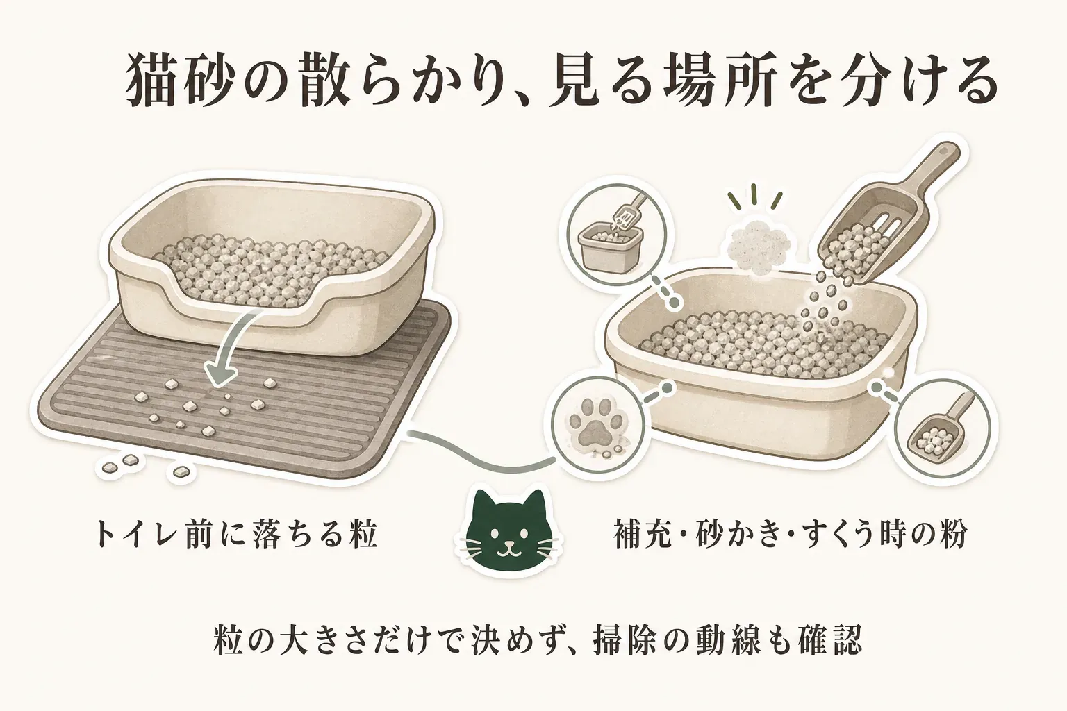 猫砂の飛び散りと粉立ちの確認場所を示す図。トイレ前のマットに落ちる粒と、猫砂の補充・砂かき・固まりをすくう際に出る粉を描き、粒の大きさだけでなく掃除の動線も確認するよう示している。
