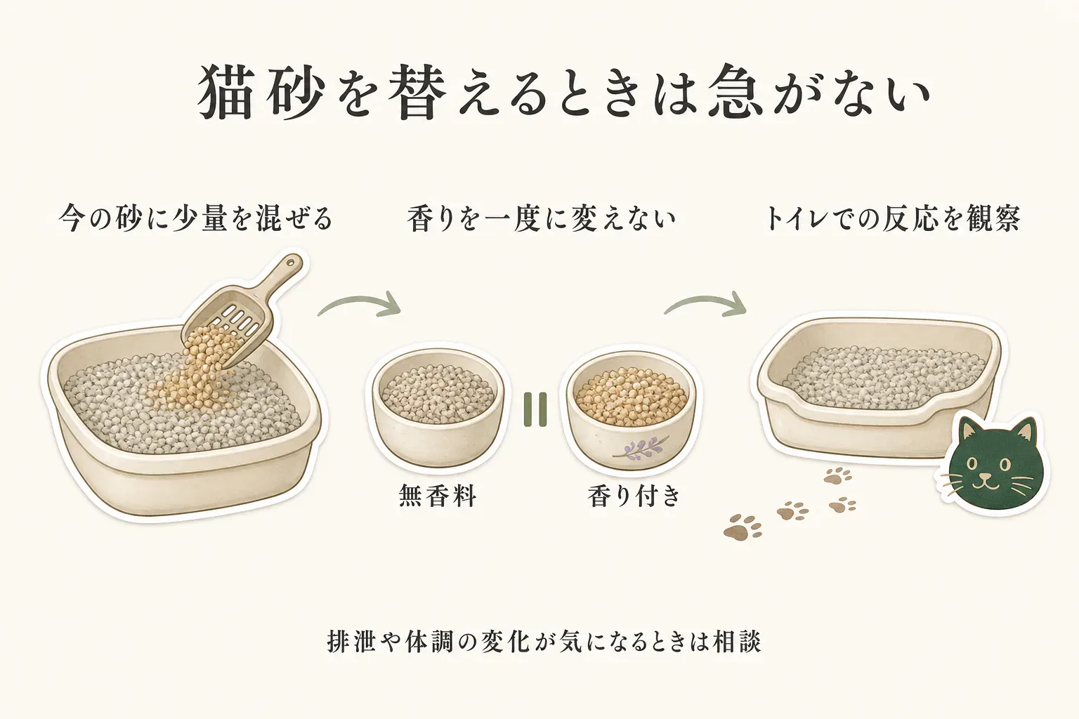 猫砂を替えるときの段階的な切り替えを示す図。今の砂に少量を混ぜ、無香料から香り付きへ一度に変えず、トイレでの猫の反応を観察する流れと、排泄や体調の変化が気になる場合は相談することを描いている。