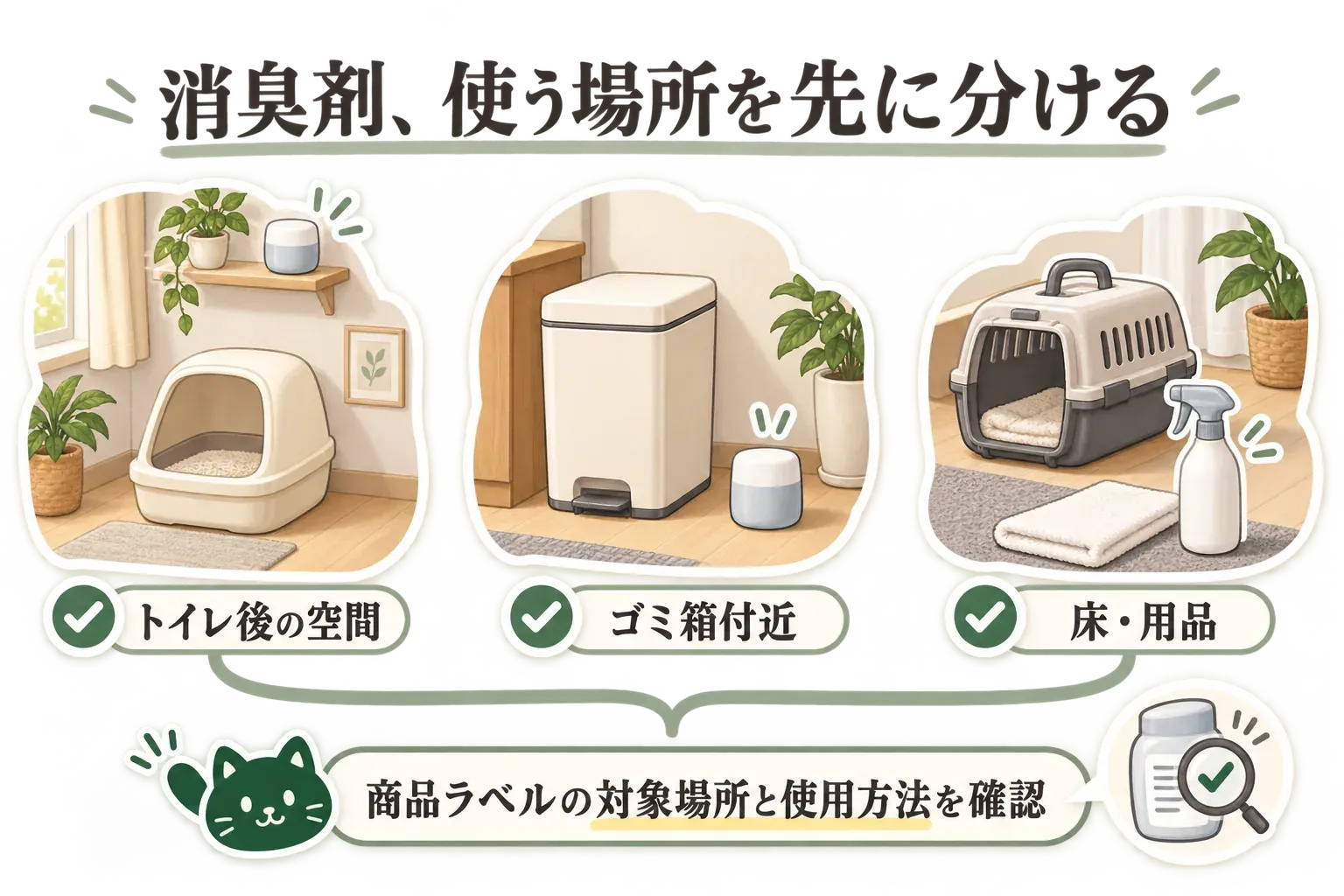 消臭剤を使う場所別に分ける図。トイレ後の空間、猫砂を捨てる防臭ごみ箱付近、トイレ周りの床やキャリーバッグなどの用品を示し、商品ラベルの対象場所と使用方法を確認するよう案内している。