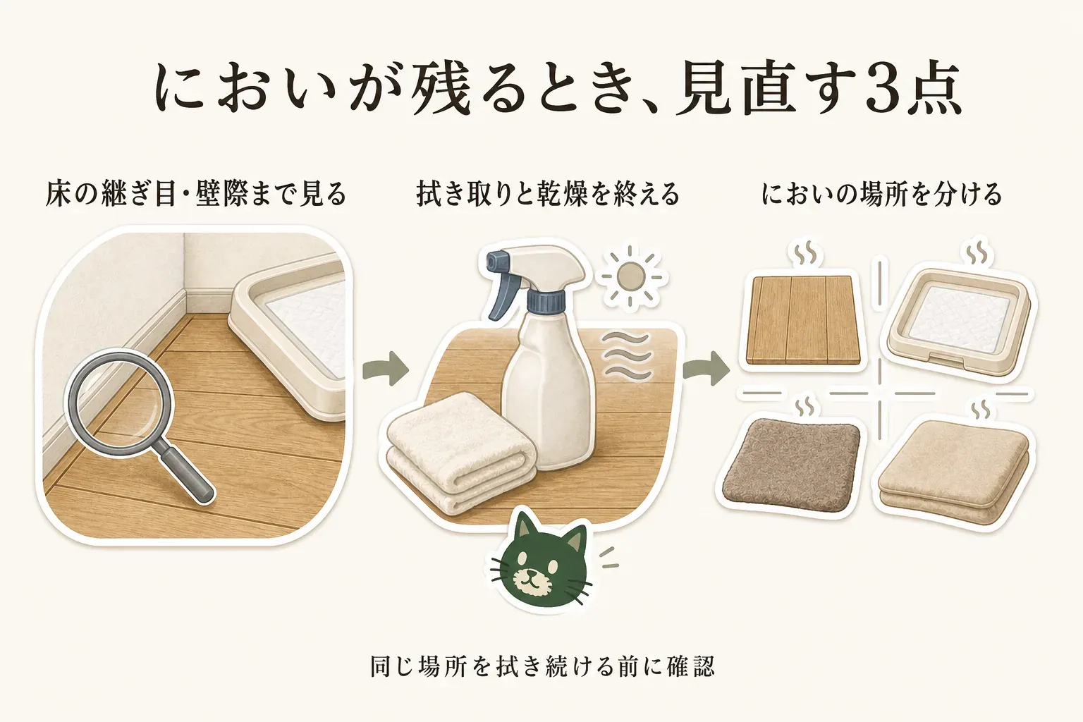 においが残るときの見直し3点を示した図。床の継ぎ目や壁際まで確認し、スプレー後の拭き取りと乾燥を終え、床・トイレ本体・マット・クッションなどにおいの場所を分けて確認する流れを描いている。