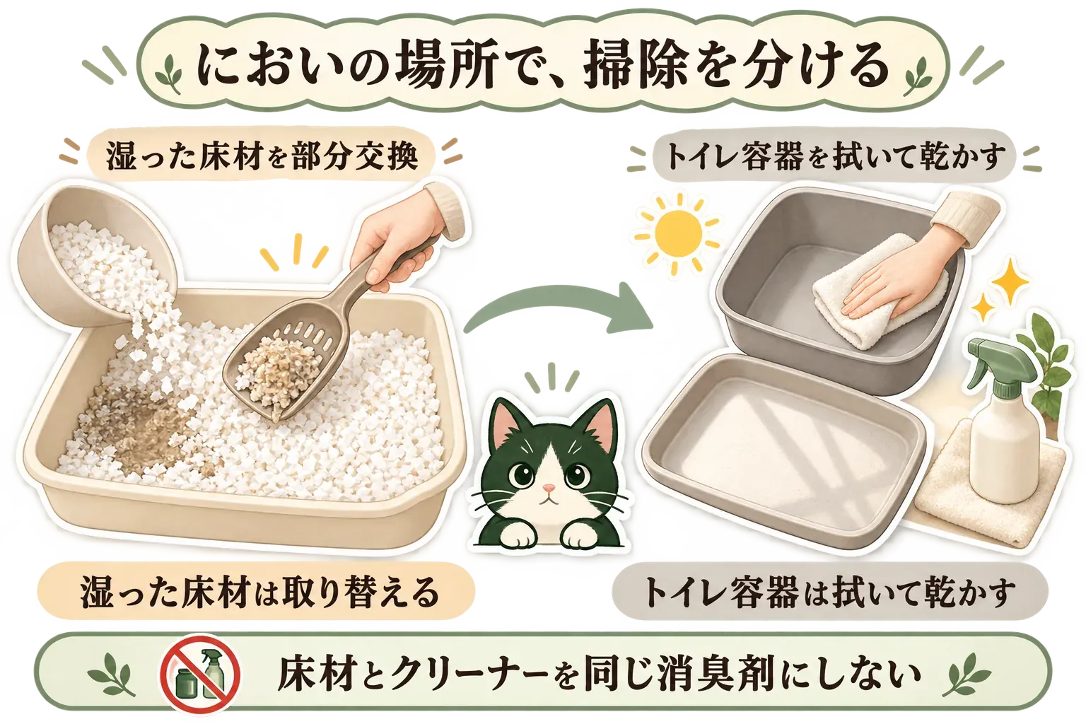 ハムスターの部分掃除での役割分担を示す図。湿りやにおいのある床材は取り除いて新しい床材を足し、トイレ容器や受けトレイは小動物用クリーナーで拭き取り、乾かしてから床材を戻す流れを描いている。