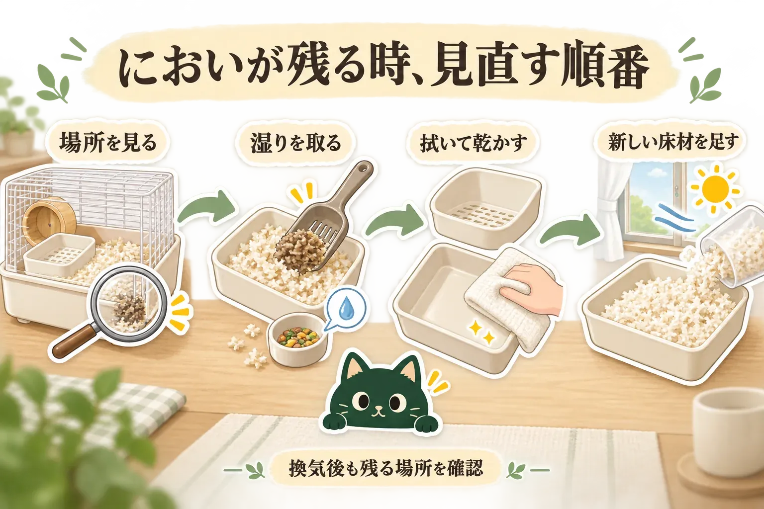 ハムスターのケージを部分掃除する順番を示す図。においの場所を確認し、湿った床材と食べ残しを取り除き、トイレ容器や受けトレイを拭いて乾かしてから新しい床材を足し、換気後のにおいを確認する流れを描いている。