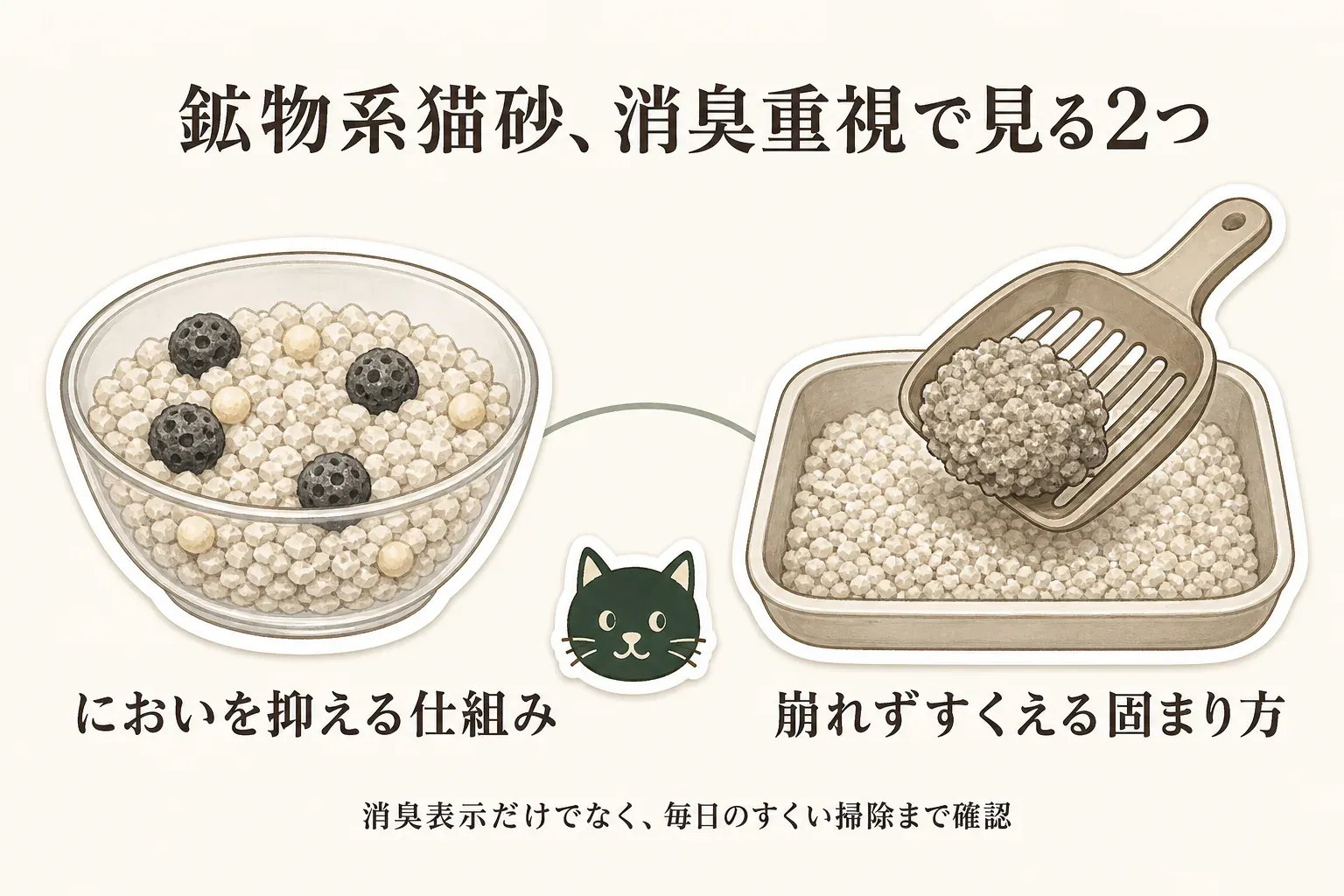 鉱物系猫砂を消臭重視で選ぶ2つのポイント。消臭・抗菌粒などにおいを抑える仕組みと、汚れた部分を崩さずすくえる固まり方を、猫砂とスコップのイラストで示した図。