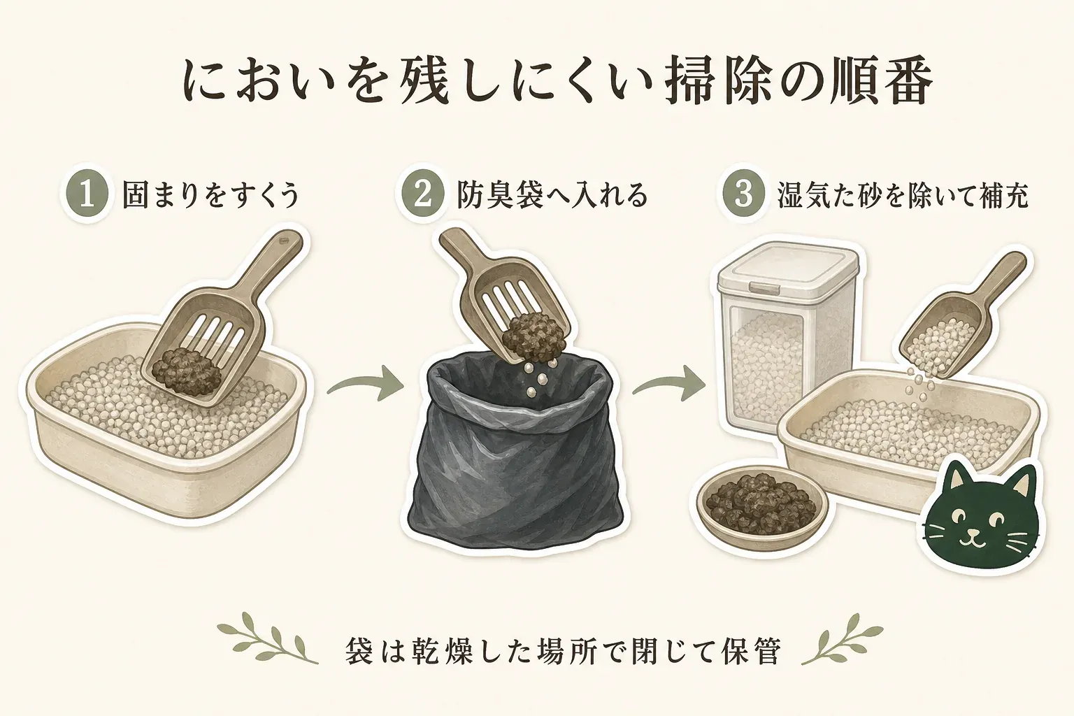 においを残しにくい猫砂掃除の順番。固まりをすくう、防臭袋へ入れる、湿気た砂を除いて新しい砂を補充する3手順と、袋を乾燥した場所で閉じて保管することを示した図。