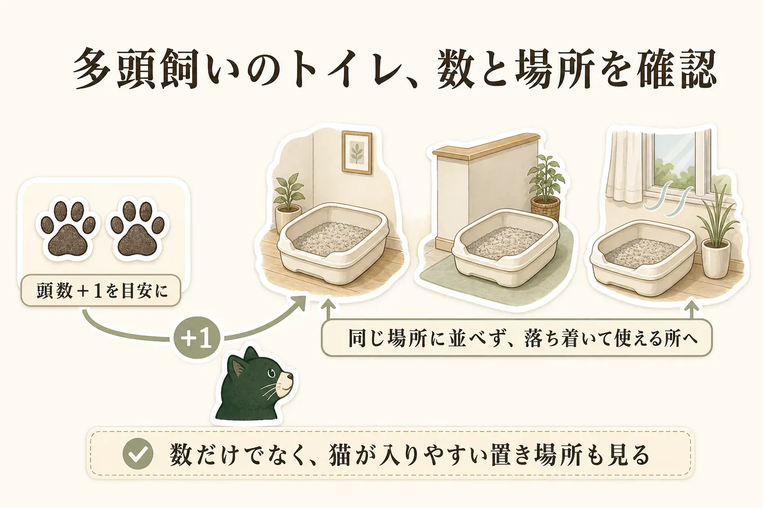 多頭飼いの猫トイレの数と置き場所を示す図。猫の頭数に1台を足した数を目安に、トイレ同士を離し、猫が落ち着いて出入りできてにおいがこもりにくい場所へ分けて置く考え方を描いている。出典：環境省「猫の飼い方アドバイス」。