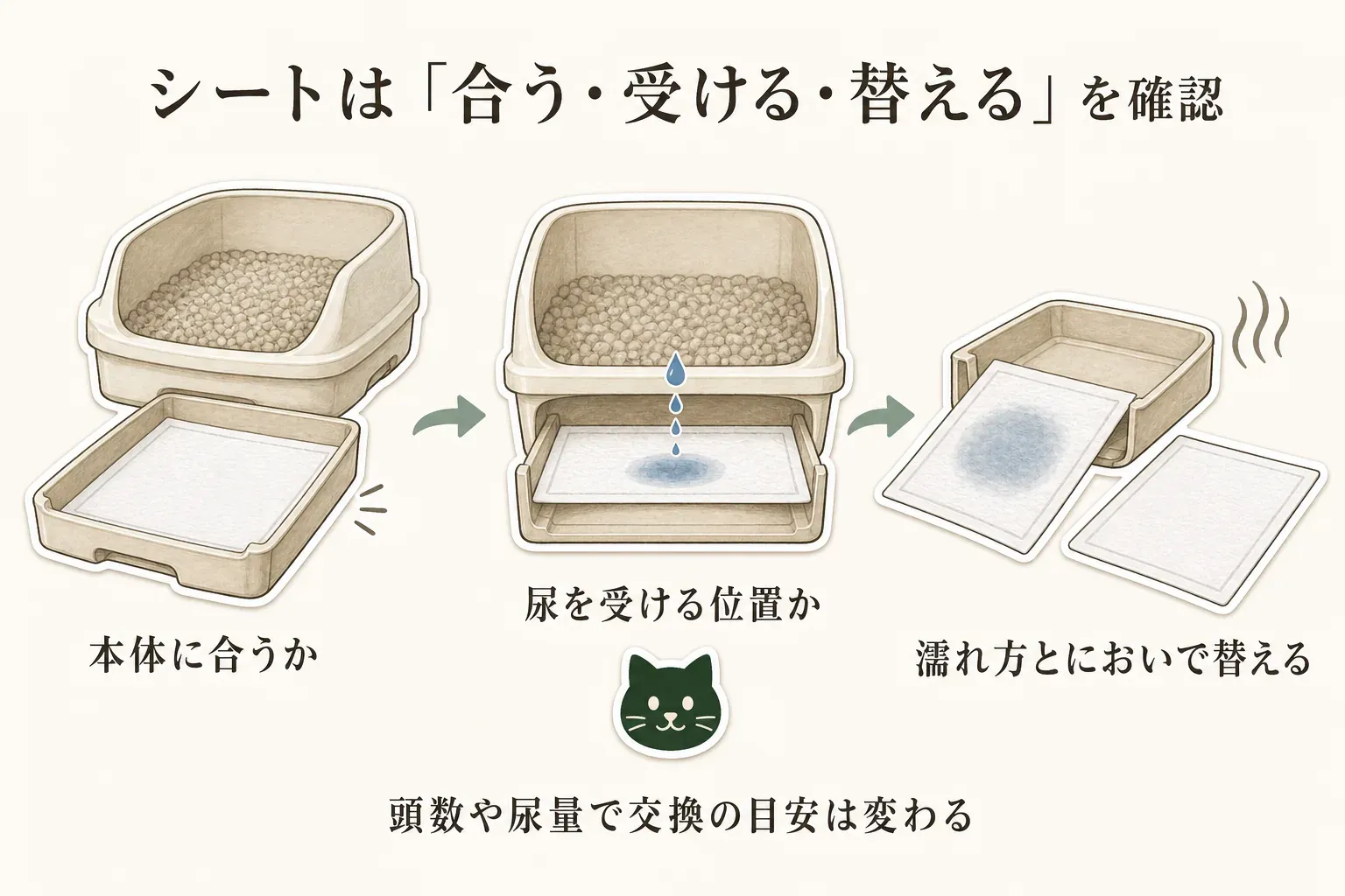 システムトイレ用シートの適合確認を示す図。下段トレーの大きさ、シートが折れずに収まること、尿が落ちる位置と吸収体が重なること、引き出しを取り出して交換できる動線を確認する様子を描いている。