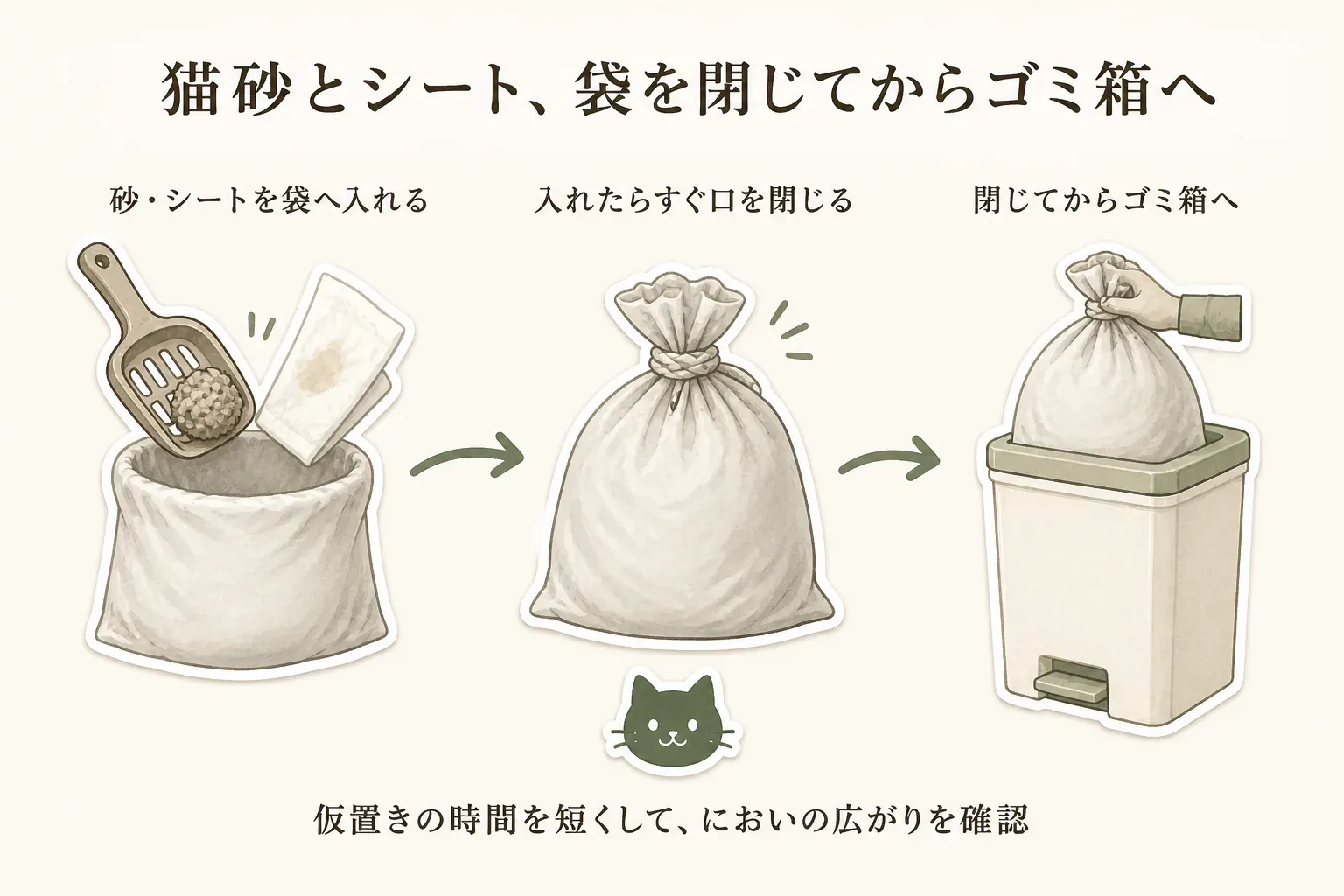 使用済みの猫砂やシートを防臭袋で処理する動線を示す図。拾った直後に袋へ入れ、袋の口をねじって結び、密閉してからゴミ箱へ移す流れと、猫砂やシートが入る袋の大きさを確認することを描いている。