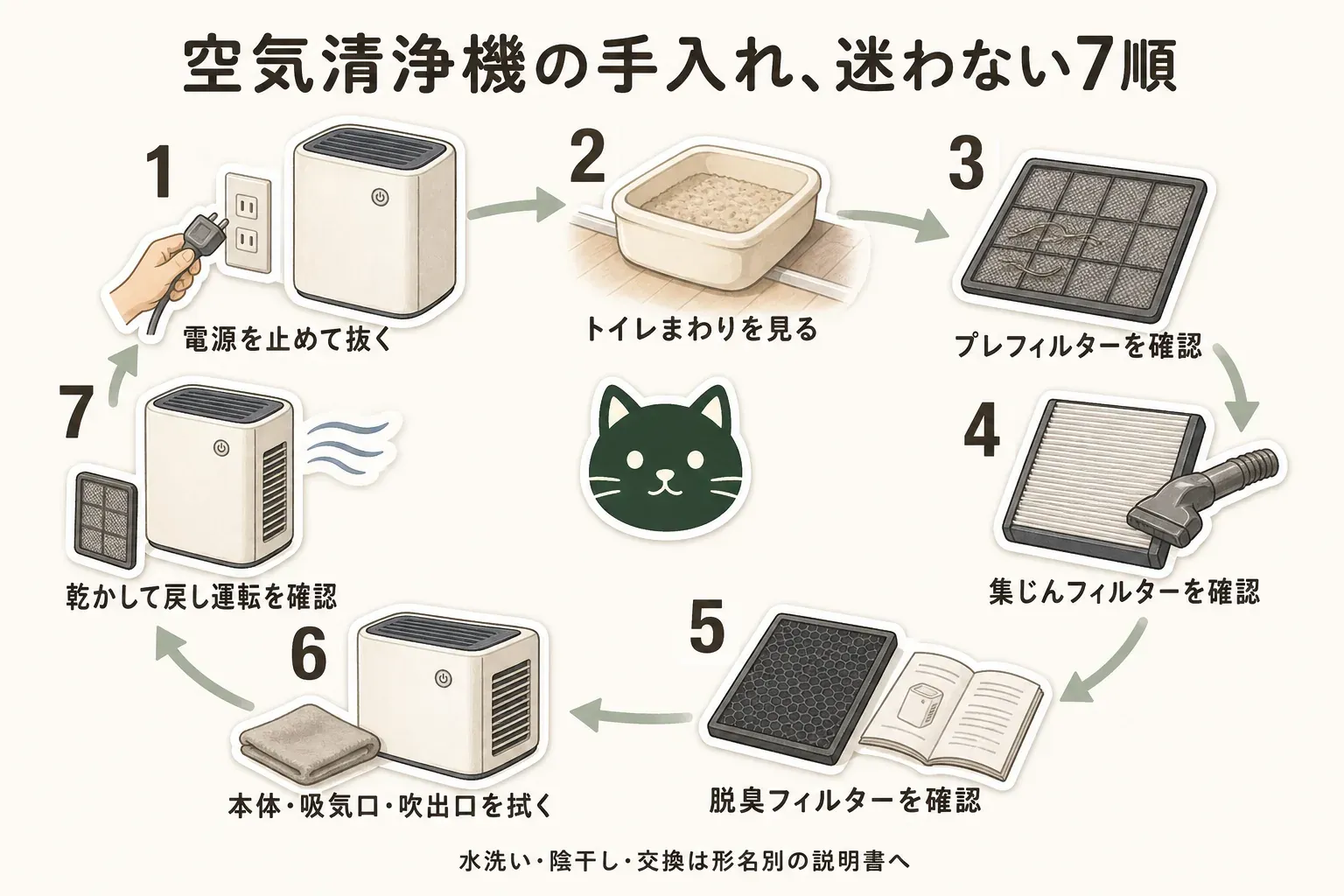 空気清浄機の手入れを迷わない7順で示した図。電源を止めて抜く、トイレまわりを見る、プレフィルター・集じんフィルター・脱臭フィルターを順に確認し、本体・吸気口・吹出口を拭いてから、乾かして戻し運転を確認する流れを描いている。水洗い・陰干し・交換は形名別の説明書を確認するよう示している。