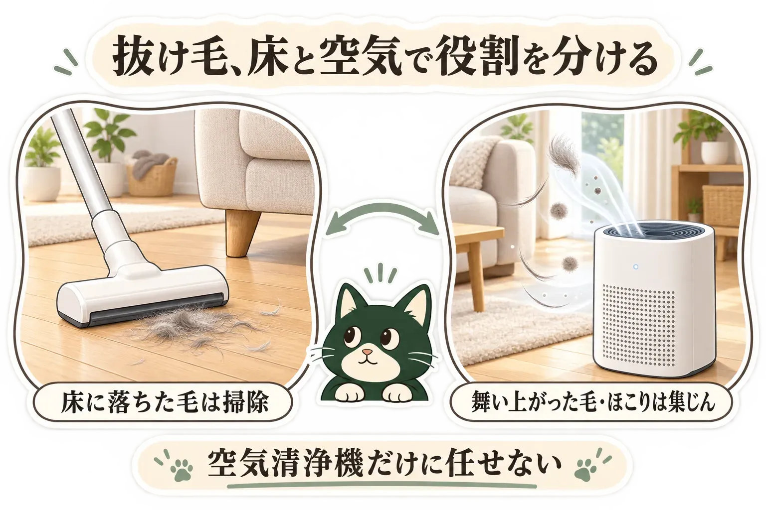 ペットの抜け毛対策で床と空気の役割を分ける図。床に落ちた毛は掃除機で取り、舞い上がった毛やほこりは空気清浄機で集じんする様子と、空気清浄機だけに任せないことを示している。