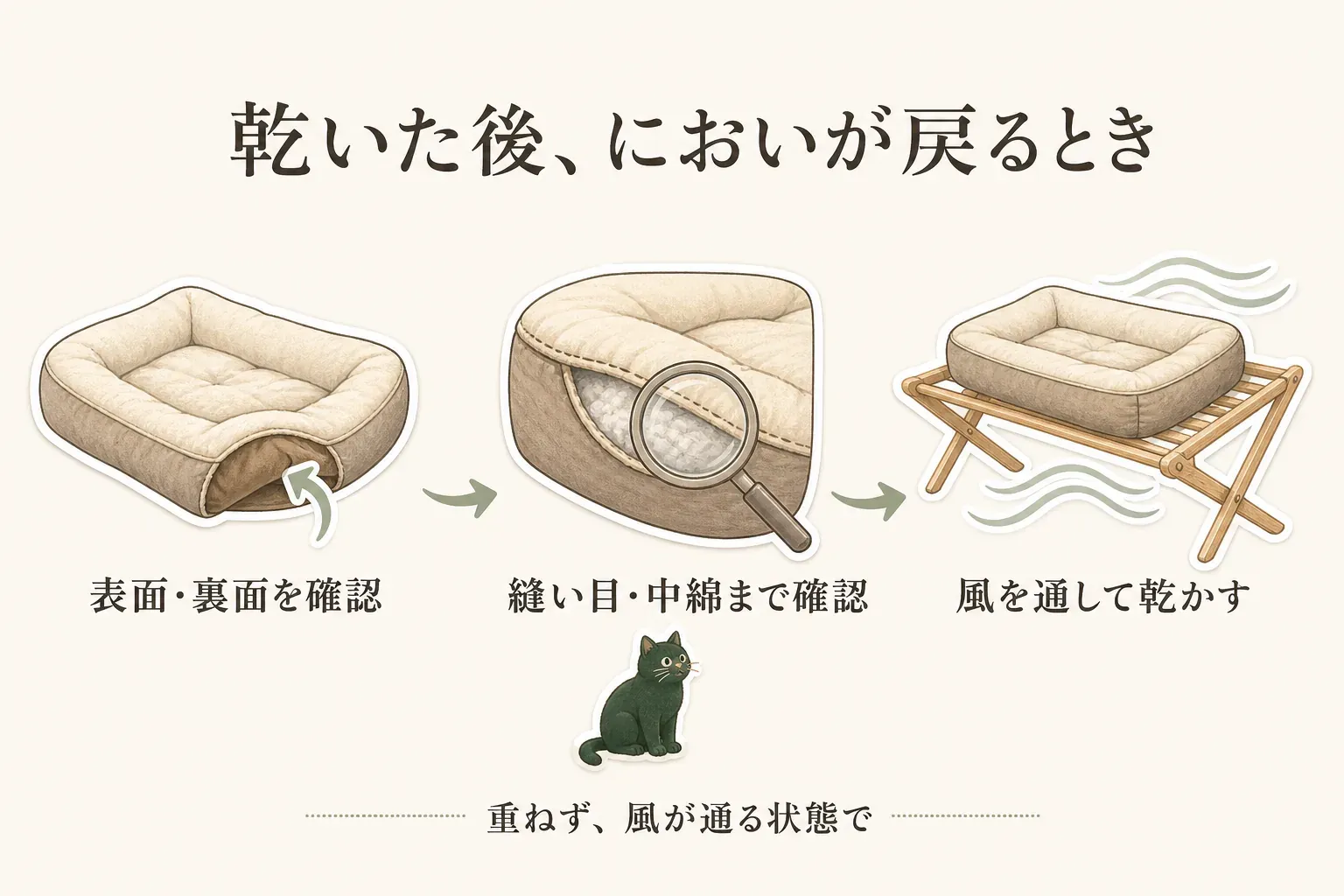 乾いた後ににおいが戻るペットベッドの乾燥確認を示した図。表面と裏面を確認し、縫い目や中綿まで乾いているかを確かめ、ベッドを重ねず風が通る状態で乾かす流れを描いている。
