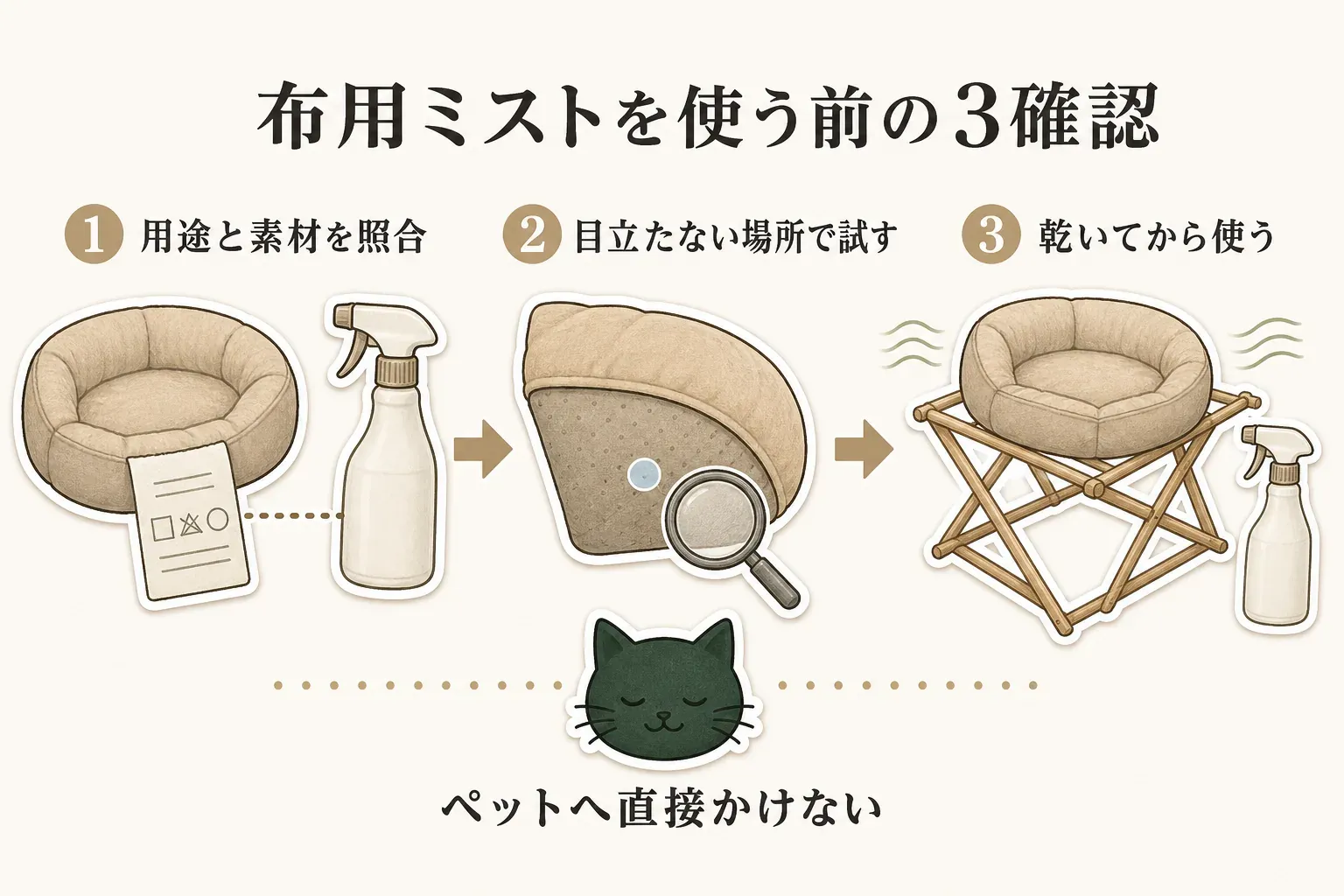 布用ミストをペットベッドに使う前の3確認を示した図。用途と素材を照合し、目立たない場所で試し、ベッドが乾いてから使う流れを描き、ペットへ直接かけないよう注意している。