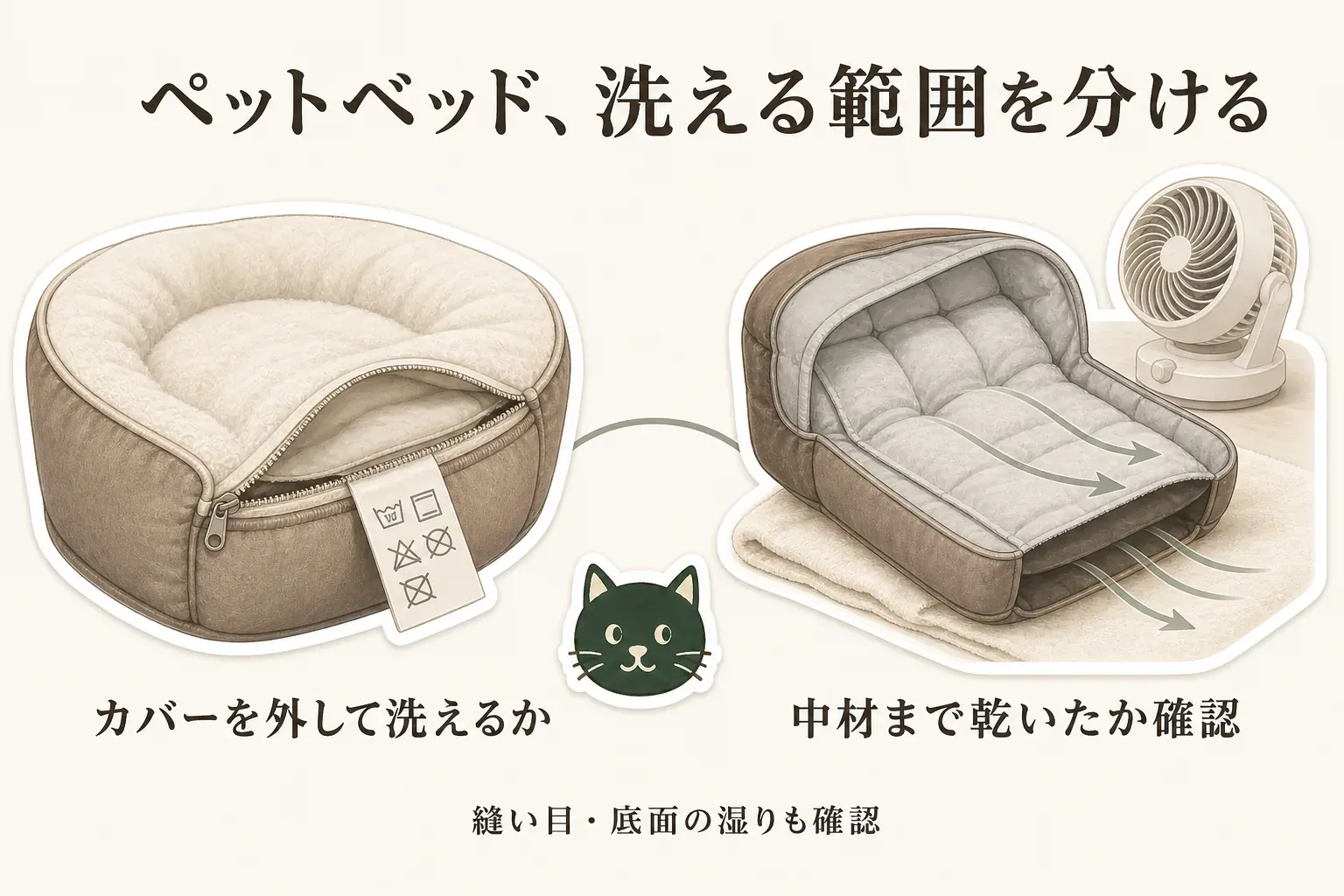 ペットベッドの洗える範囲を分ける図。洗濯表示を確認してカバーを外して洗えるかを見極め、カバーを外した本体は送風で乾かし、中材・縫い目・底面まで乾いたかを確認する様子を描いている。