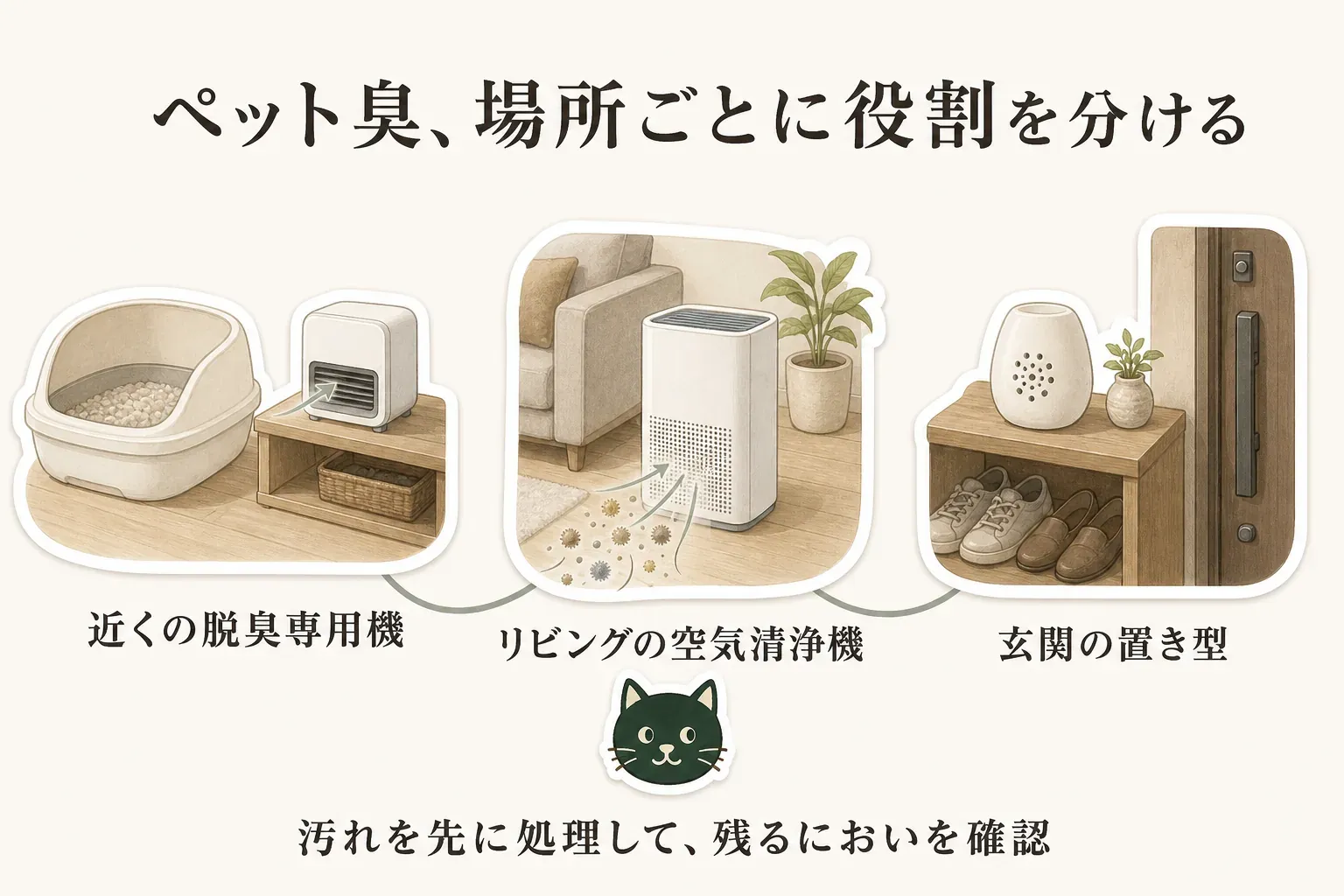 ペットのにおい対策を場所ごとに分ける図。トイレやケージなど発生源の近くは脱臭専用機、ペットと過ごすリビングは抜け毛・花粉・ほこりも扱う空気清浄機、玄関は電源を使わず置ける置き型消臭剤を軸にし、先に汚れを掃除してから残る空気のにおいを対策する役割分担を示している。