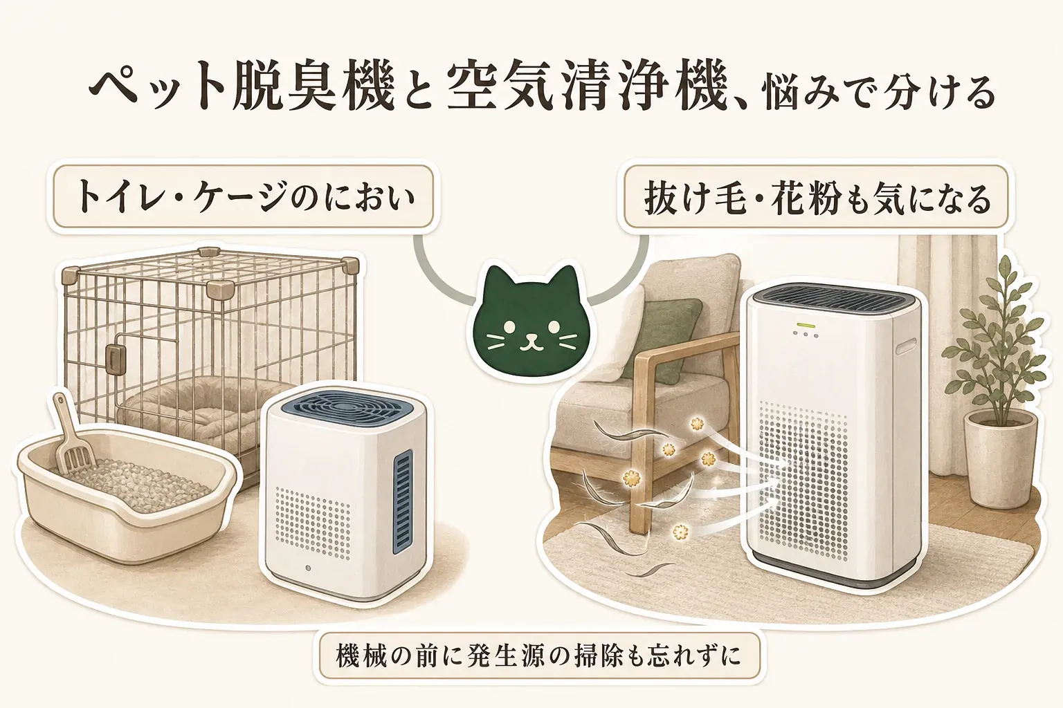 ペット脱臭機と空気清浄機を悩みで選び分ける図。トイレ・ケージのにおいには小型の脱臭機、抜け毛・花粉も気になるリビングには空気清浄機を描き、どちらも機械の前に発生源を掃除することを示している。