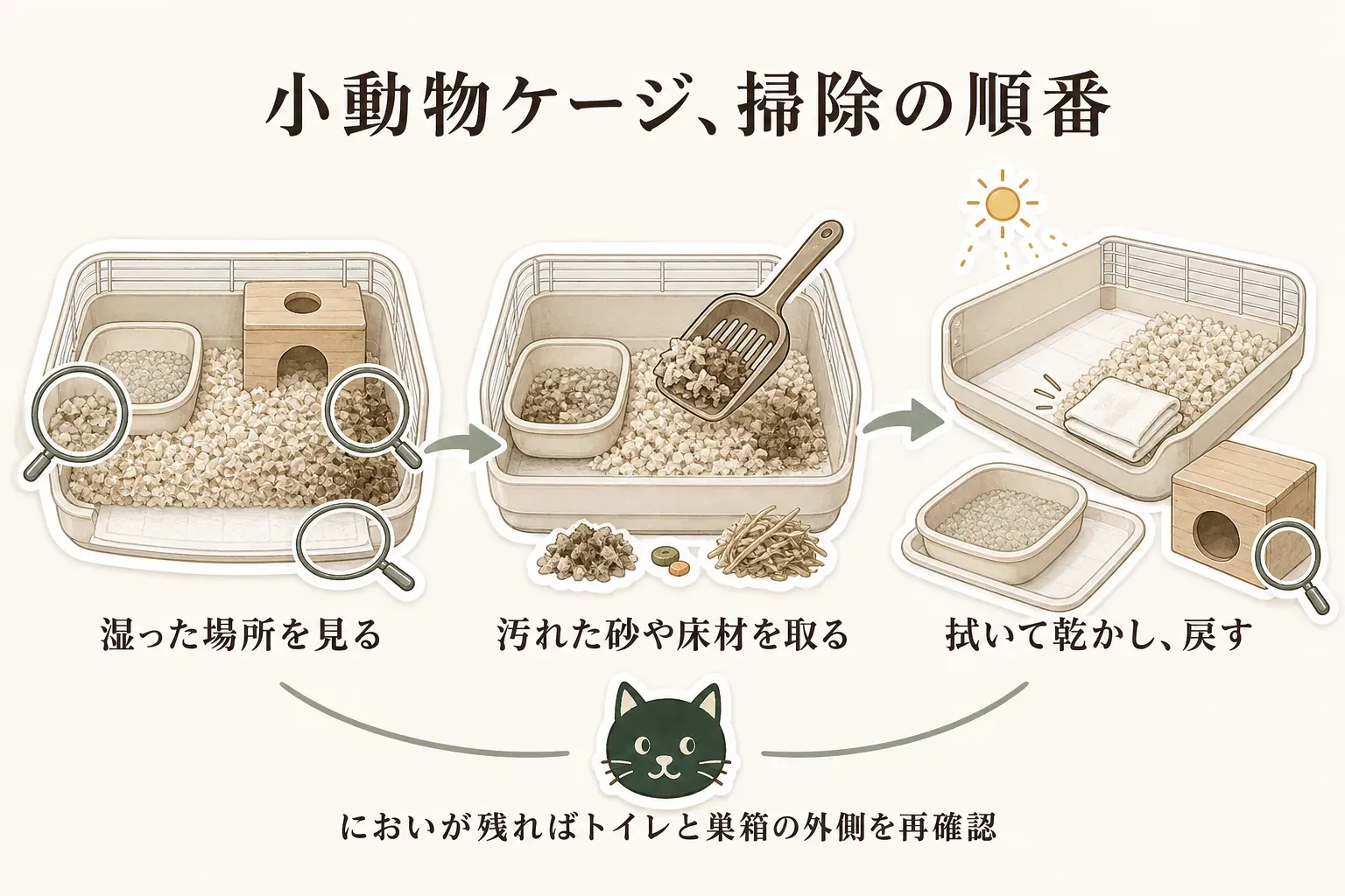 小動物ケージ掃除の順番を示す図。湿った場所を確認し、汚れたトイレ砂や床材を取り除き、ケージを拭いて乾かしてから用品を戻す流れと、においが残る場合はトイレと巣箱の外側を再確認することを描いている。