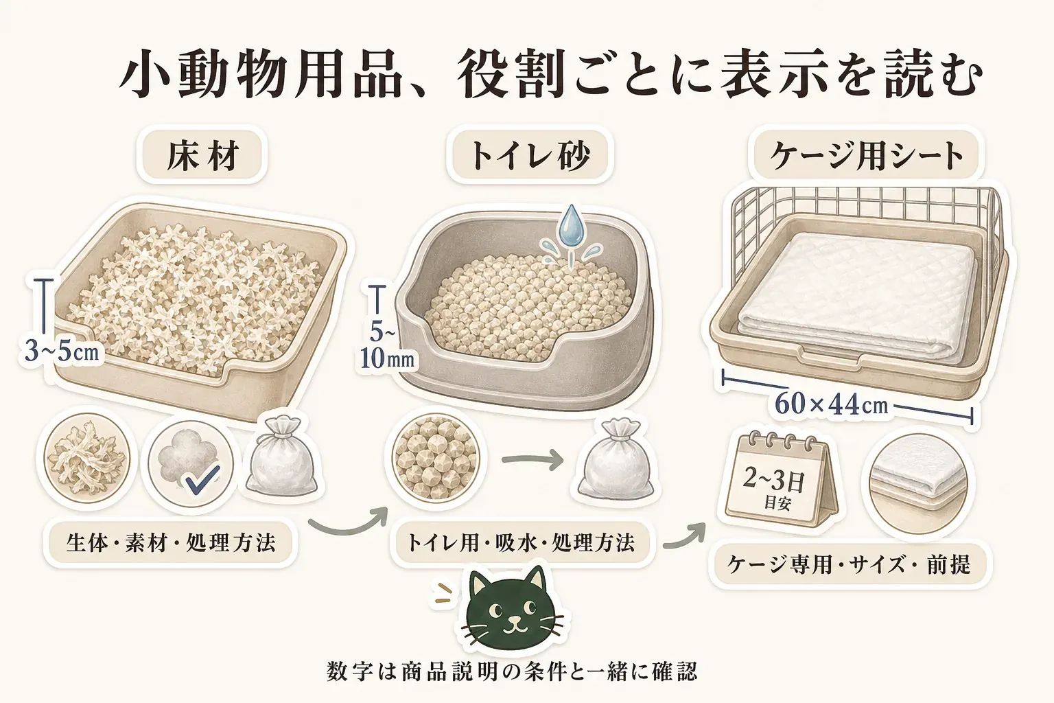 床材・トイレ砂・ケージ用シートを選ぶ際の表示確認点を示す図。床材は対象生体・素材・処理方法、トイレ砂はトイレ用・吸水・処理方法、ケージ用シートはケージ専用・サイズ・交換目安の前提を確認し、厚さやサイズなどの数字は商品説明の条件と一緒に確認するよう案内している。