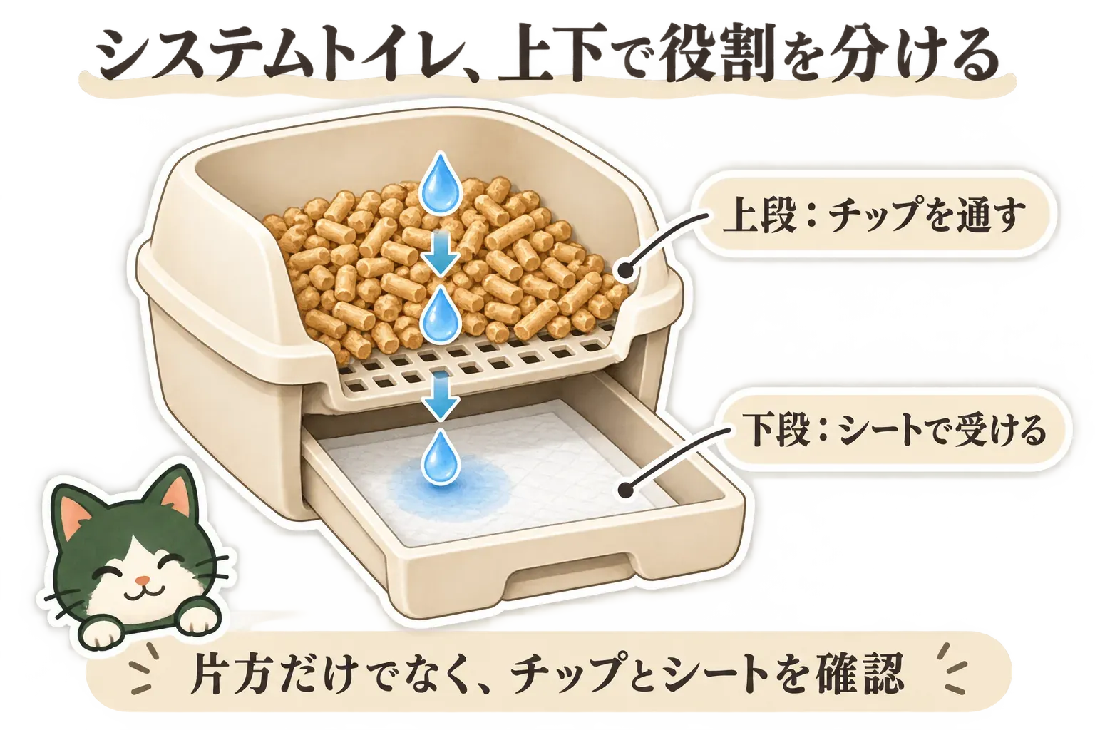 システムトイレの上段と下段の役割を示した図。上段のチップを尿が通り、下段のシートで受ける仕組みと、チップとシートの両方を確認する必要があることを描いている。
