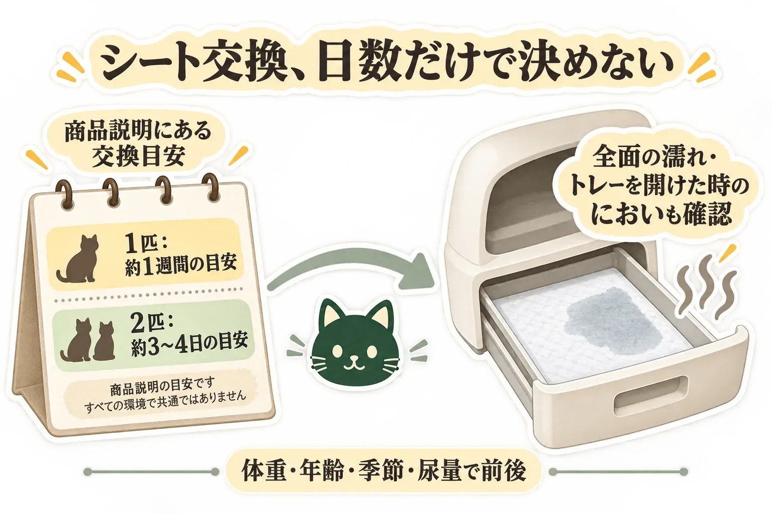 システムトイレ用シートの交換目安を示した図。商品説明の目安として猫1匹は約1週間、2匹は約3〜4日としつつ、シート全体の濡れ、トレーを開けたときのにおい、体重・年齢・季節・尿量で交換時期が前後することを描いている。