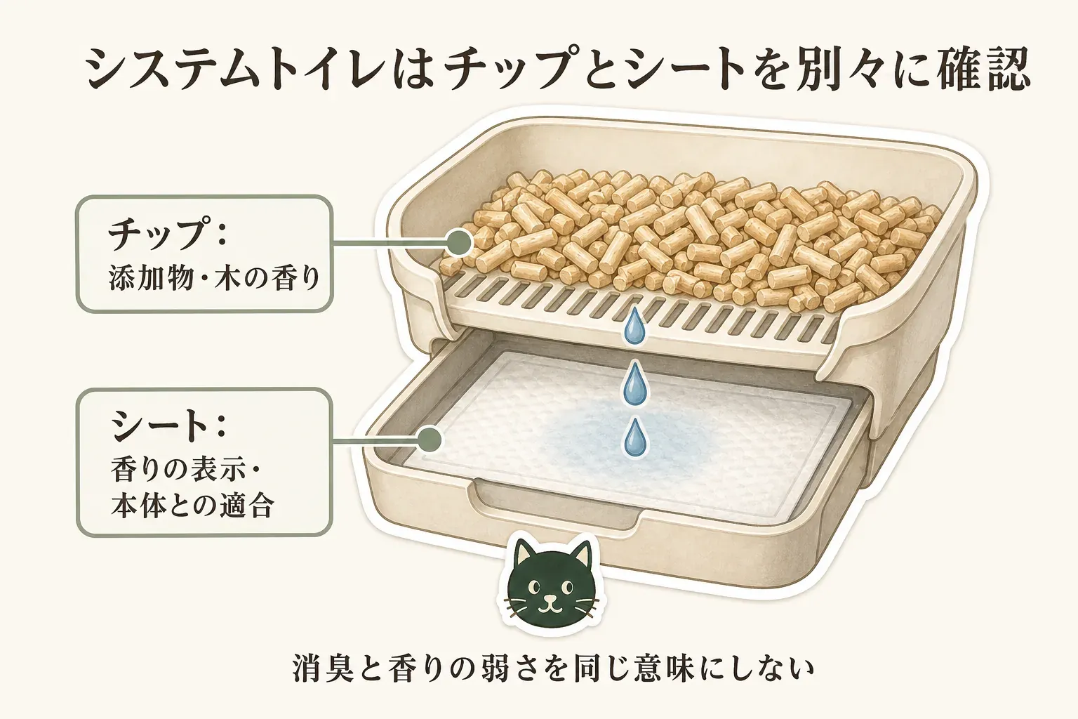 システムトイレの上段に置くチップと下段で尿を受けるシートの役割を示す図。チップは香料・消臭物質の記載と天然木の香りを、シートは消臭成分、トレーに合うサイズ、交換時にすぐ閉じられるかを別々に確認する流れを描いている。
