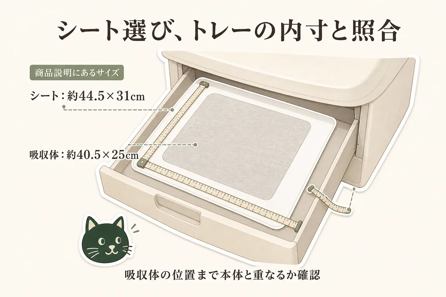 システムトイレ用シートのサイズと適合を確認する図。トレーの内寸とシートサイズを照合し、吸収体がトレー内に収まり、シートの角が四隅に合っていることを確認する様子を示している。