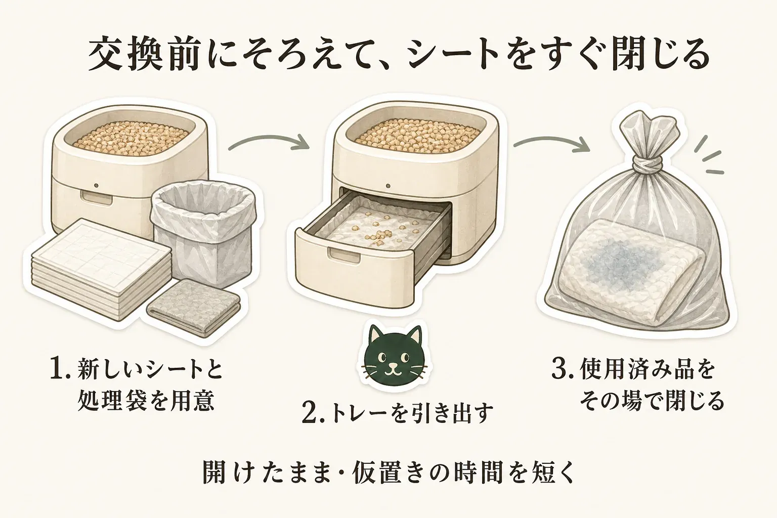 システムトイレのシート交換前の準備を示す図。新しいシート、処理袋、必要な掃除用品を手元にそろえ、換気を始めてからトレーを開け、使用済みシートを処理袋に入れてその場で閉じる順番を描いている。